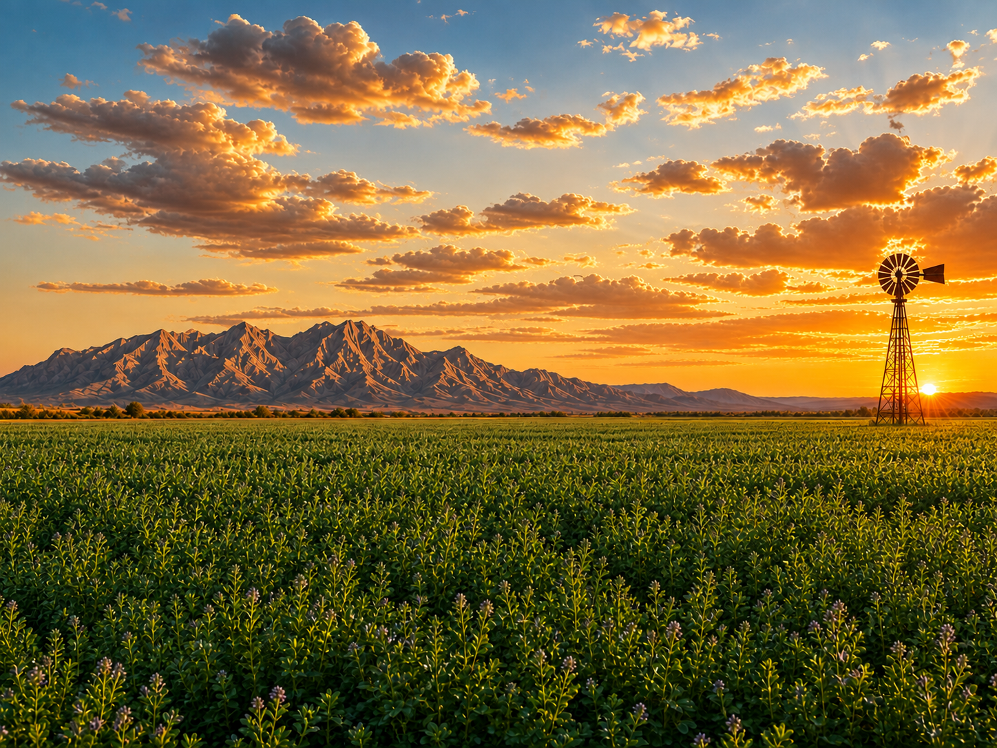 Southwest farm field at sunset with mountains and windmill silhouette